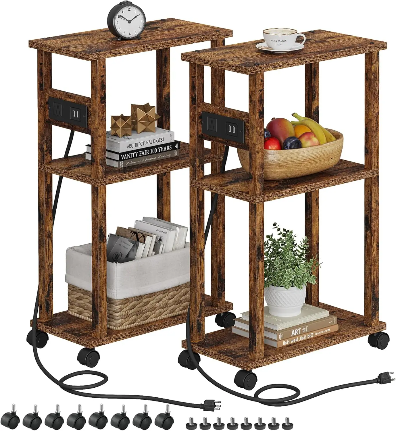 

Small Narrow Side Table with Charging Station, Skinny End Table for Small Spaces, Slim Nightstand with USB Ports and Outlet,