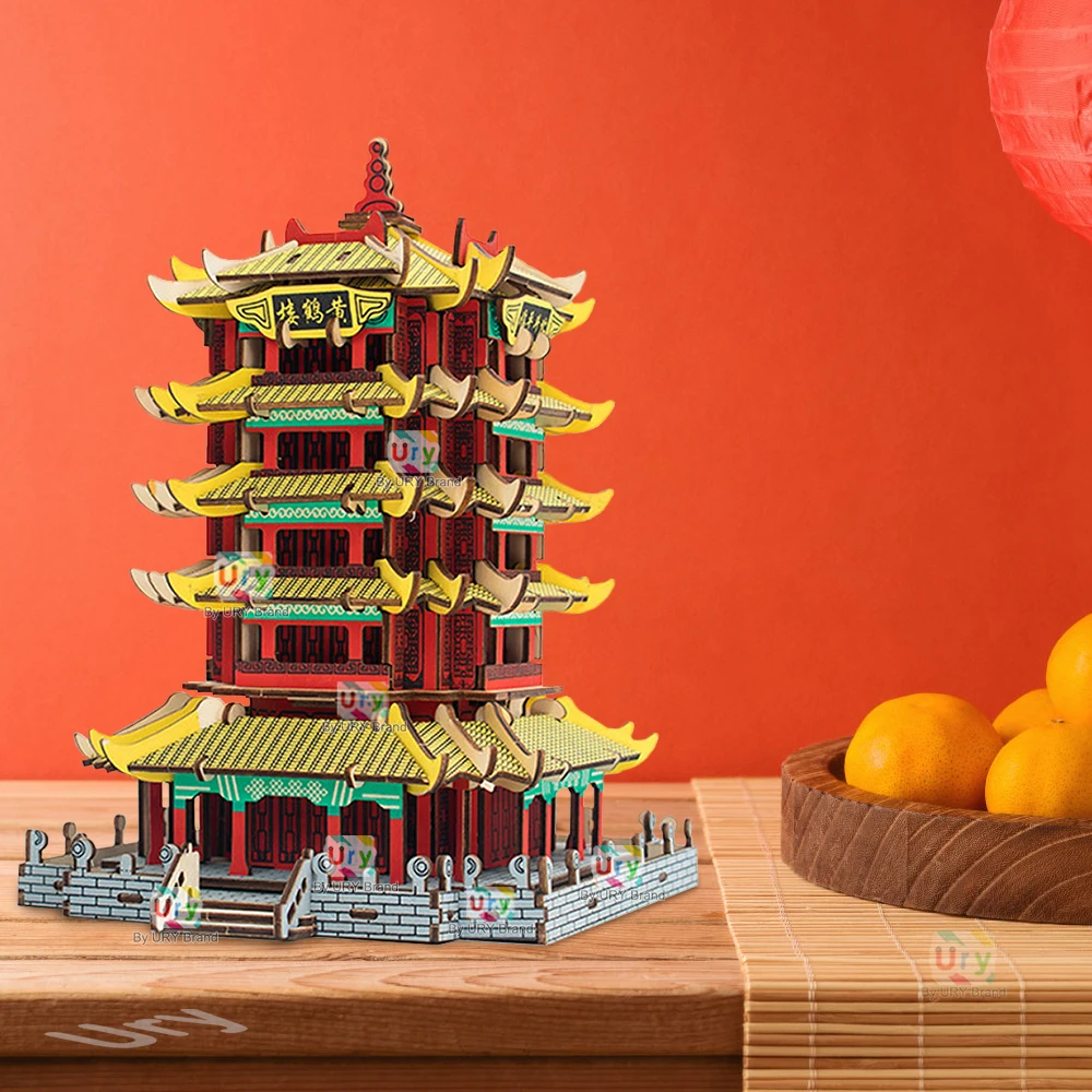 Ury 3D Houten Huis Kleurrijke Chinese Traditionele Puzzel Gebouw DIY Model Spel Assemblage Desktop Speelgoed Cadeau voor Kinderen Volwassen