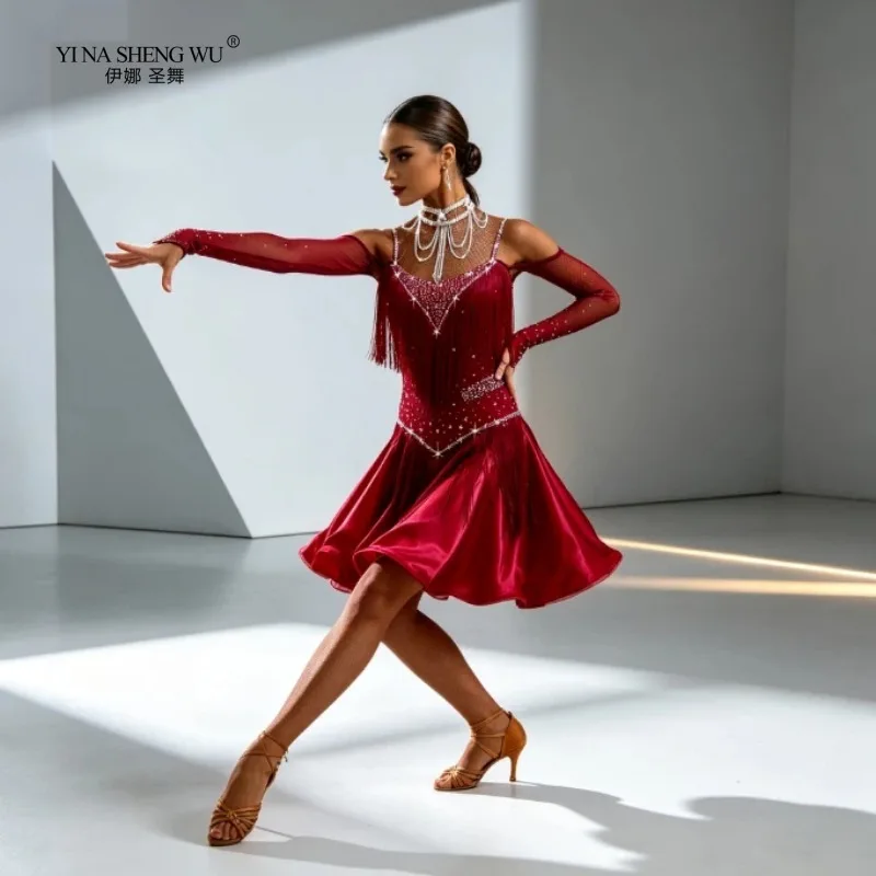 New Latin Dance Competition Dress with Belt, Cowboy, Cha Cha, Children's Adult Red Tassel Off Shoulder Dance Skirt