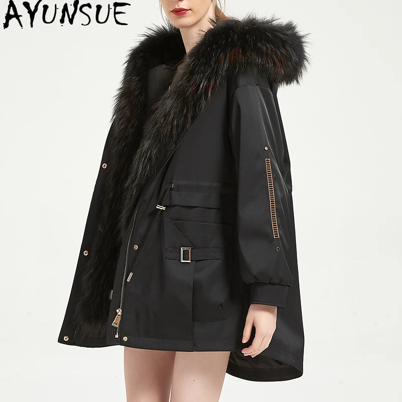 AYUNSUE Parka in vera pelliccia di media lunghezza da donna Cappotto di pelliccia di coniglio Rex Abiti invernali Caldo collo di pelliccia di procione Nuovo in cappotti Пblogто Жletiе