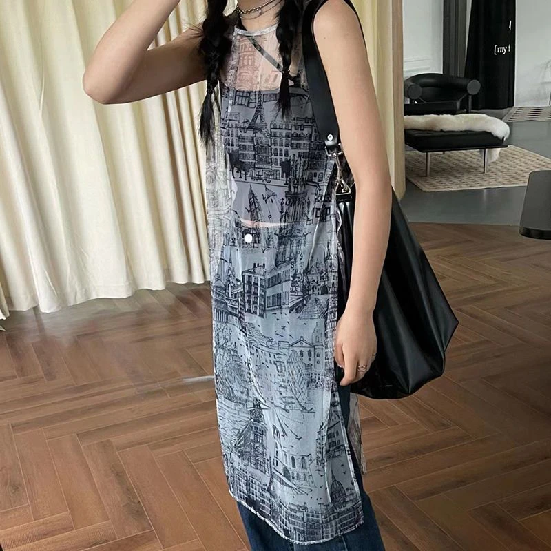 Mesh Midi Dress Women Streetwear Thin Summer New Fashion Hotsweet Girls Side Slit Loose Long Sleeve Korean Style Chic Gentle