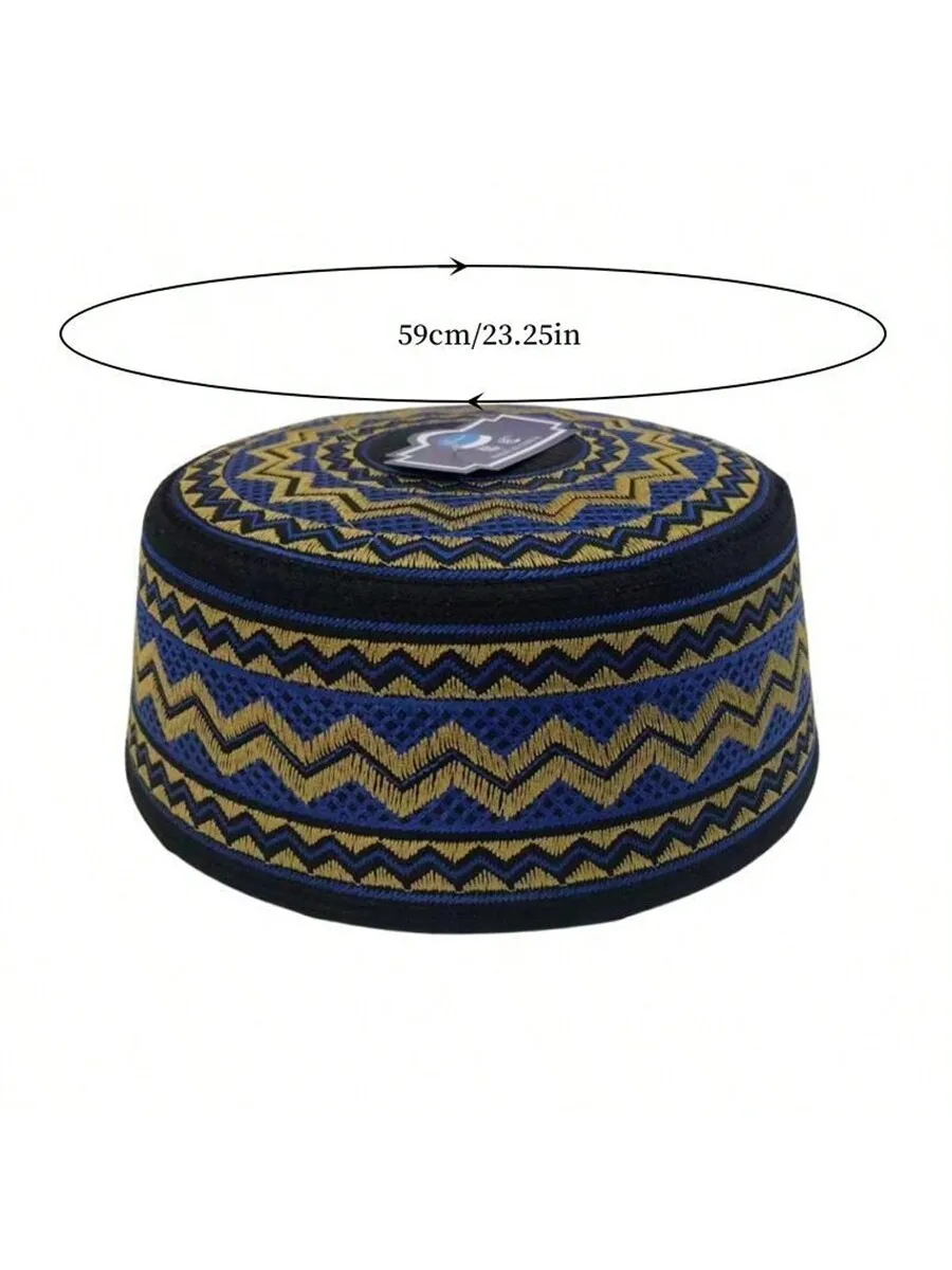 Blue Gold Embroidered Muslim Kufi Cap Men Flat Top Islamic Prayer Hat Ethnic Traditional Taqiyah Headwear for Ramadan