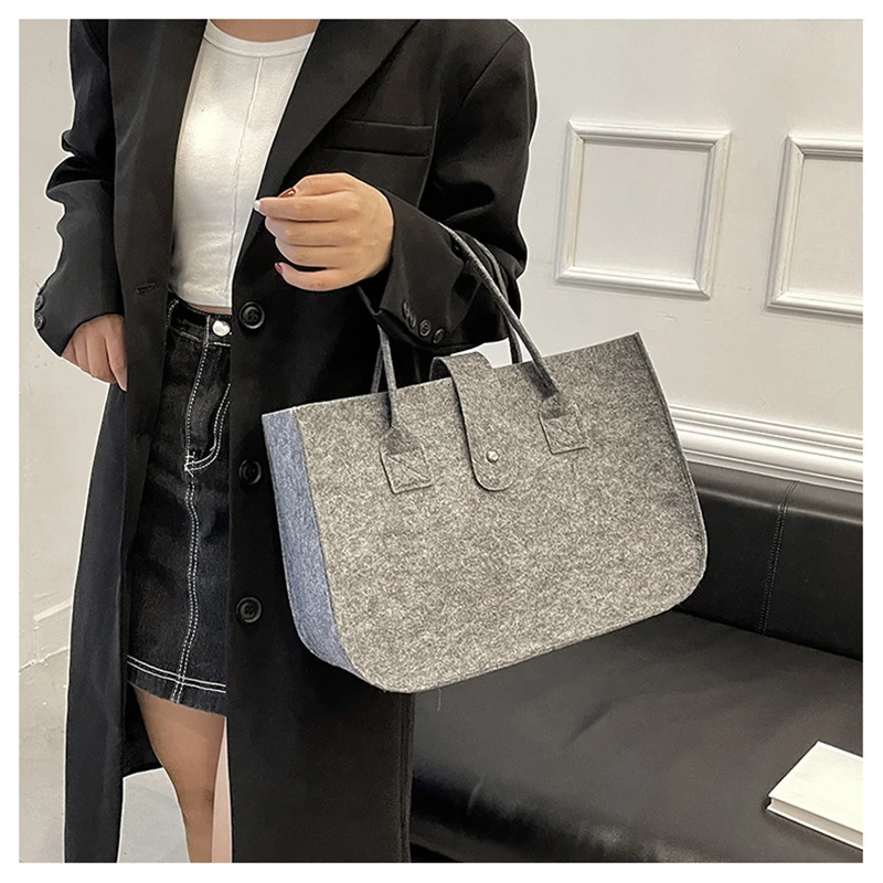 Large Capacity Tote Bag Women's Handbag Korean Retro Solid Color Square Felt Handle Bag Females Shopping Bag Messenger Tote