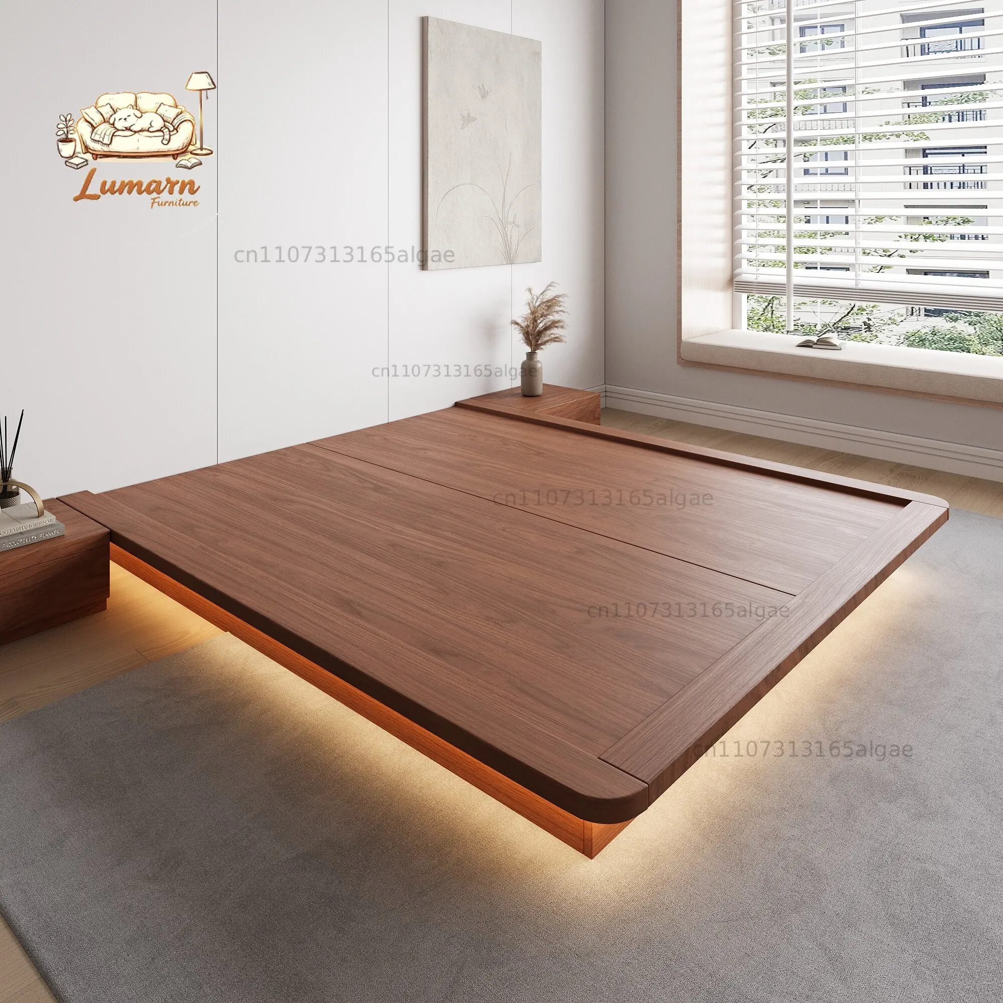 Japanese-style solid wood tatami small apartment nightstand, floating bed, walnut color, no headboard, with lighting, custom