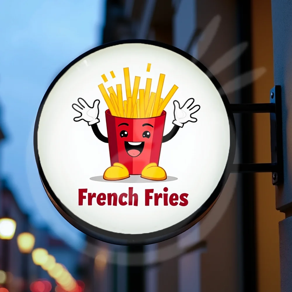 กล่องไฟ LED อะคริลิคทรงกลมแบบกำหนดเอง รูปทรงเฟรนช์ฟรายส์ สำหรับติดตั้งหน้าร้าน กันน้ำ สองด้าน ป้ายธุรกิจสำหรับภายนอกอาคาร ติดผนัง