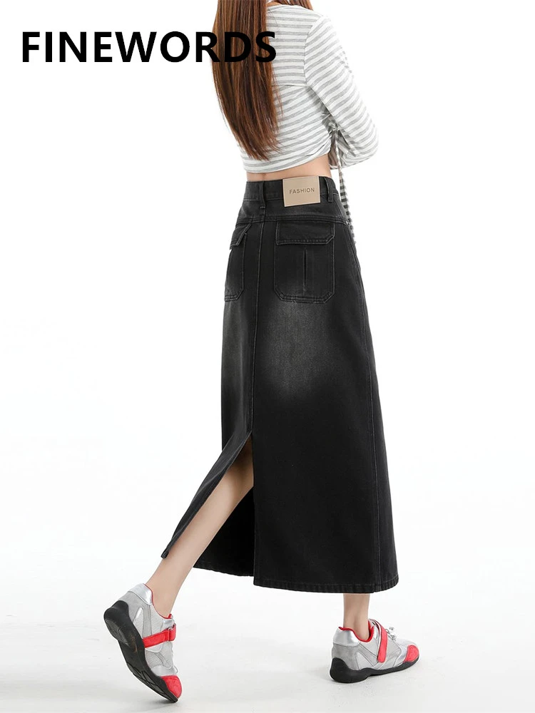FINEWORDS Summer Women's High Waisted Black Skirt A Line Denim Long Skirts Casual Loose Streetwear Vintage Beach Skirt