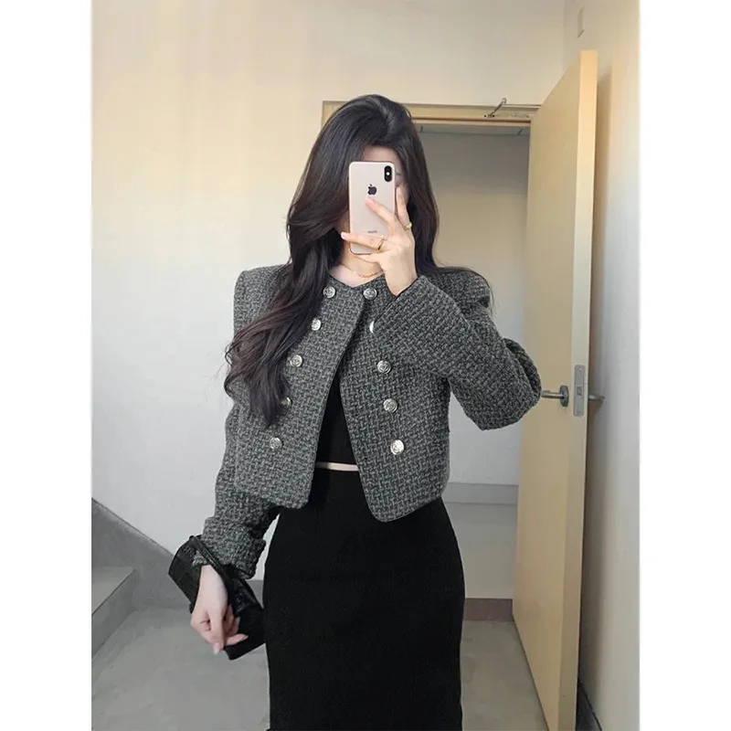 

Grey Round Neck Coat Women's Spring Autumn 2023 New Temperament Short Jacket