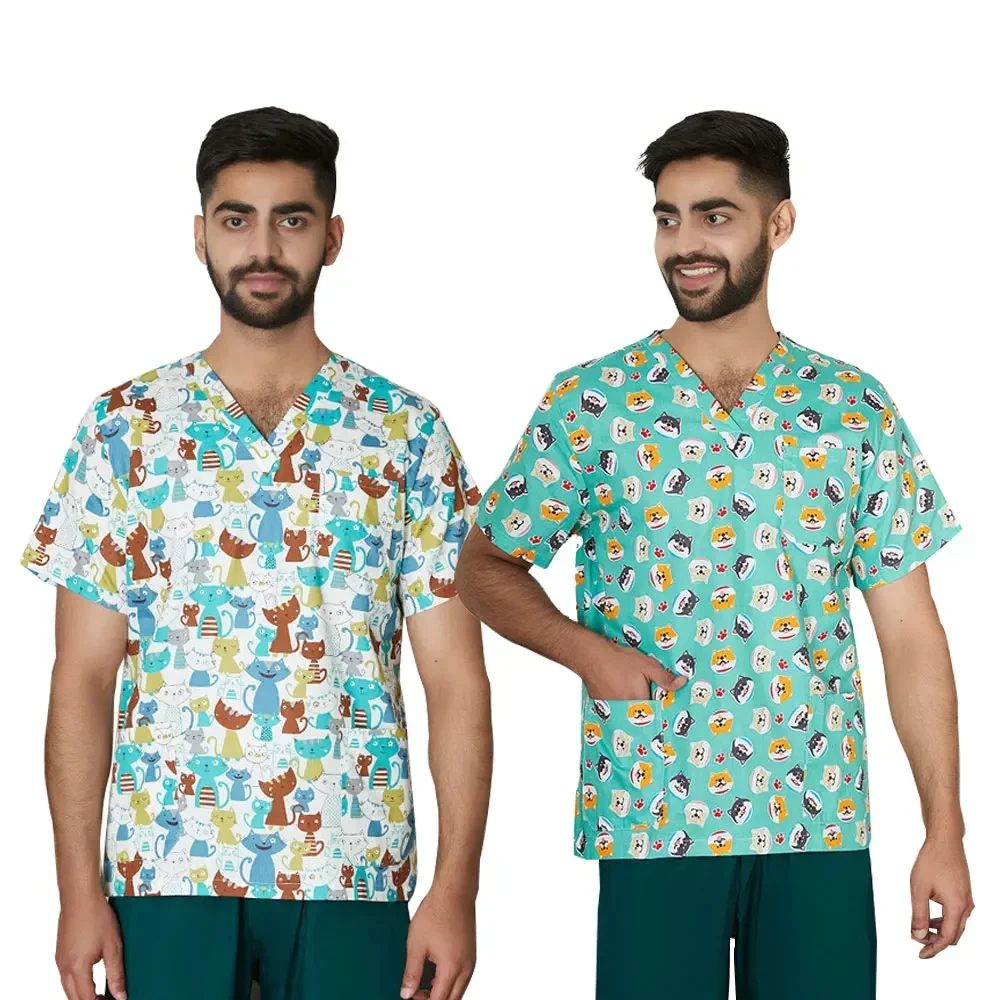 Платье медсестры с мультяшным принтом для женщин, футболка с V-образным вырезом и коротким рукавом, топ, скрабы, Комбинезоны для мужчин, медсестер, аксессуары для больницы