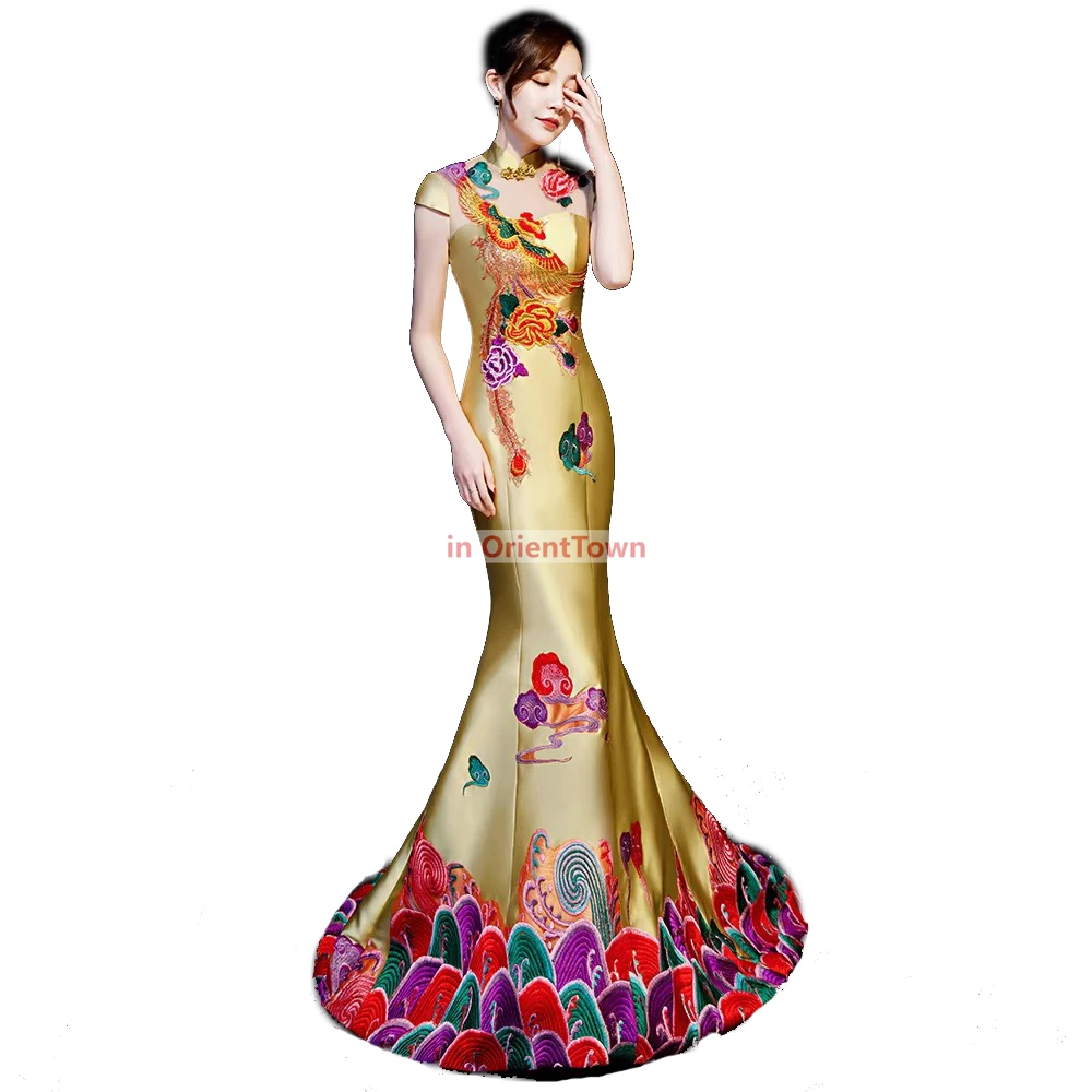 Modern Qipao Wedding Cheongsam Embroidered Chinese Traditional Dress  Long Evening Gown Party Sexy Backless vestido