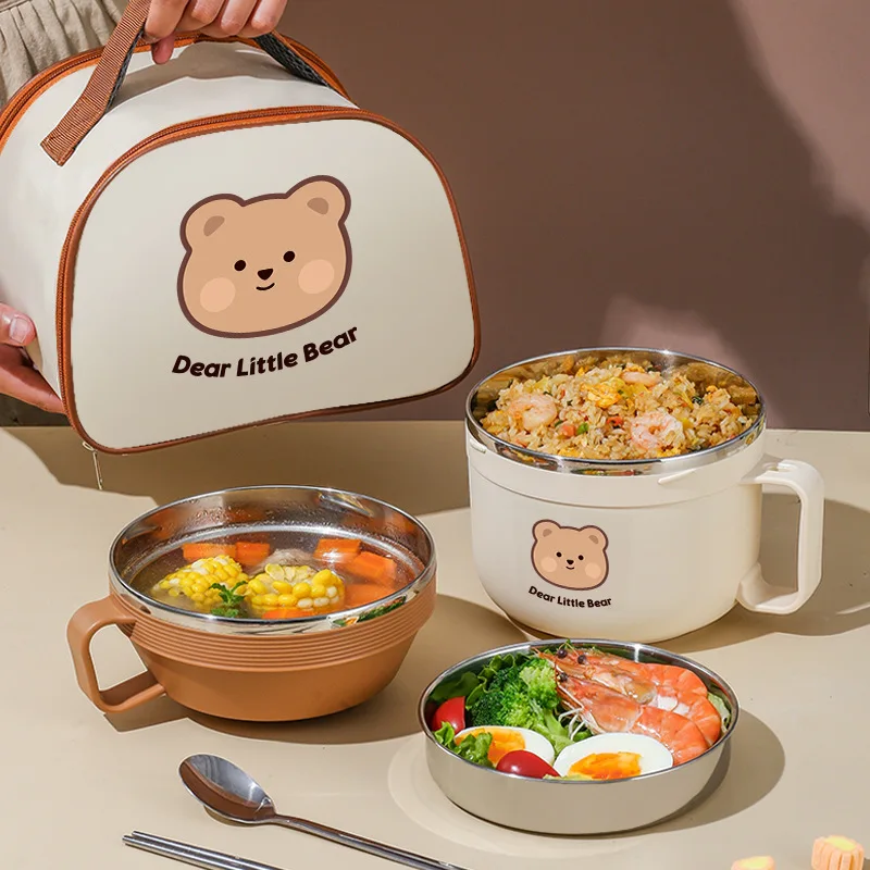 Lunch Box for School Kids Portable Bento Box Cute Lunch Container Kitchen Food Storage with Dinnerware Set Insulation Bags