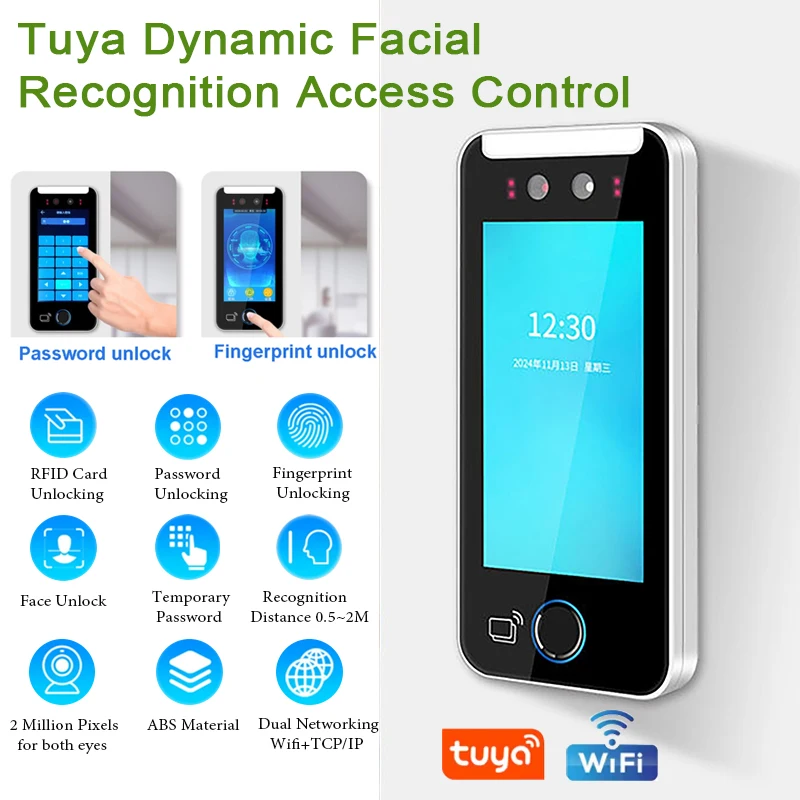 เครื่องควบคุมการเข้าออกด้วยระบบไบโอเมตริกซ์แบบไดนามิกด้วย WIFI AI พร้อมระบบจดจำลายนิ้วมือและใบหน้า ควบคุมผ่านแอป Tuya หน้าจอ HD 1080P ขนาด 5 นิ้ว