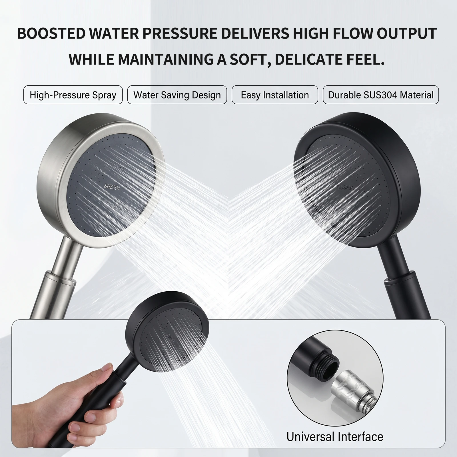 

SUS304 Stainless Steel Handheld Shower Head High Pressure Water Saving Booster Showerheads with Filter G1/2 Universal Interface