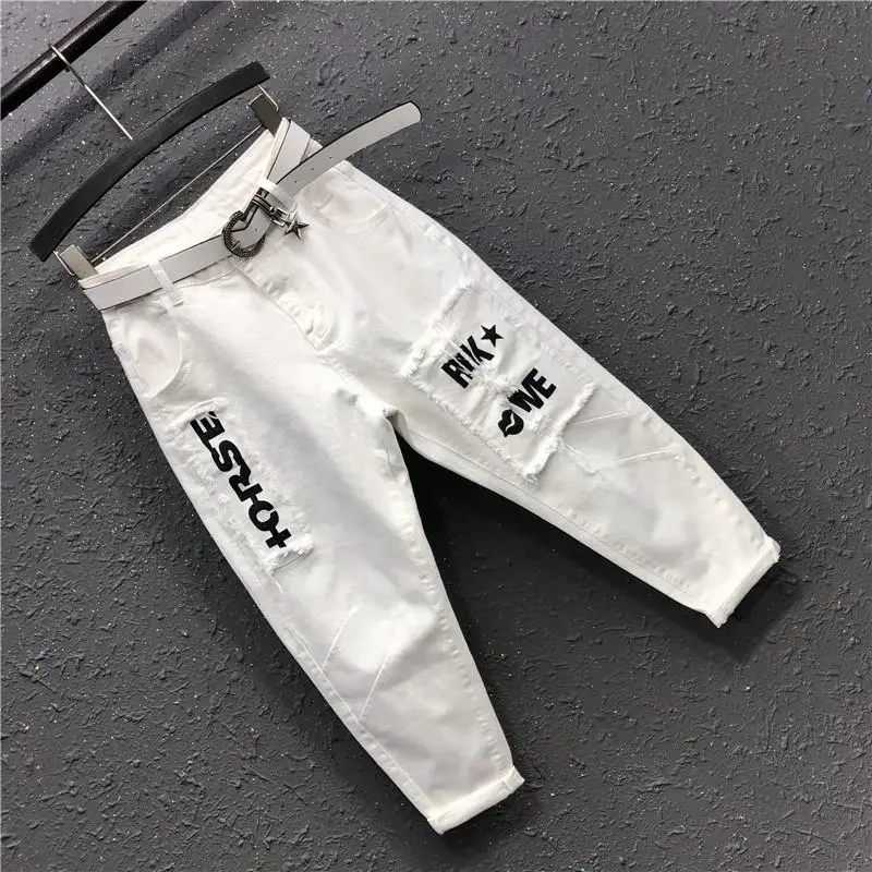 White Jeans Spring Summer New Women's Letter Patch Designs Denim Pants Fashion Ladies Casual Ankle-Length Jean Harem Pants 5XL
