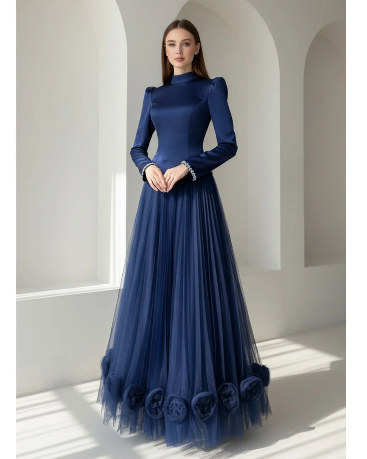 

Customized Formal Women Charmeuse Handmade Flower Pleat A-line Evening Dresses Classic High Collar Long Sleeves Prom Dresses
