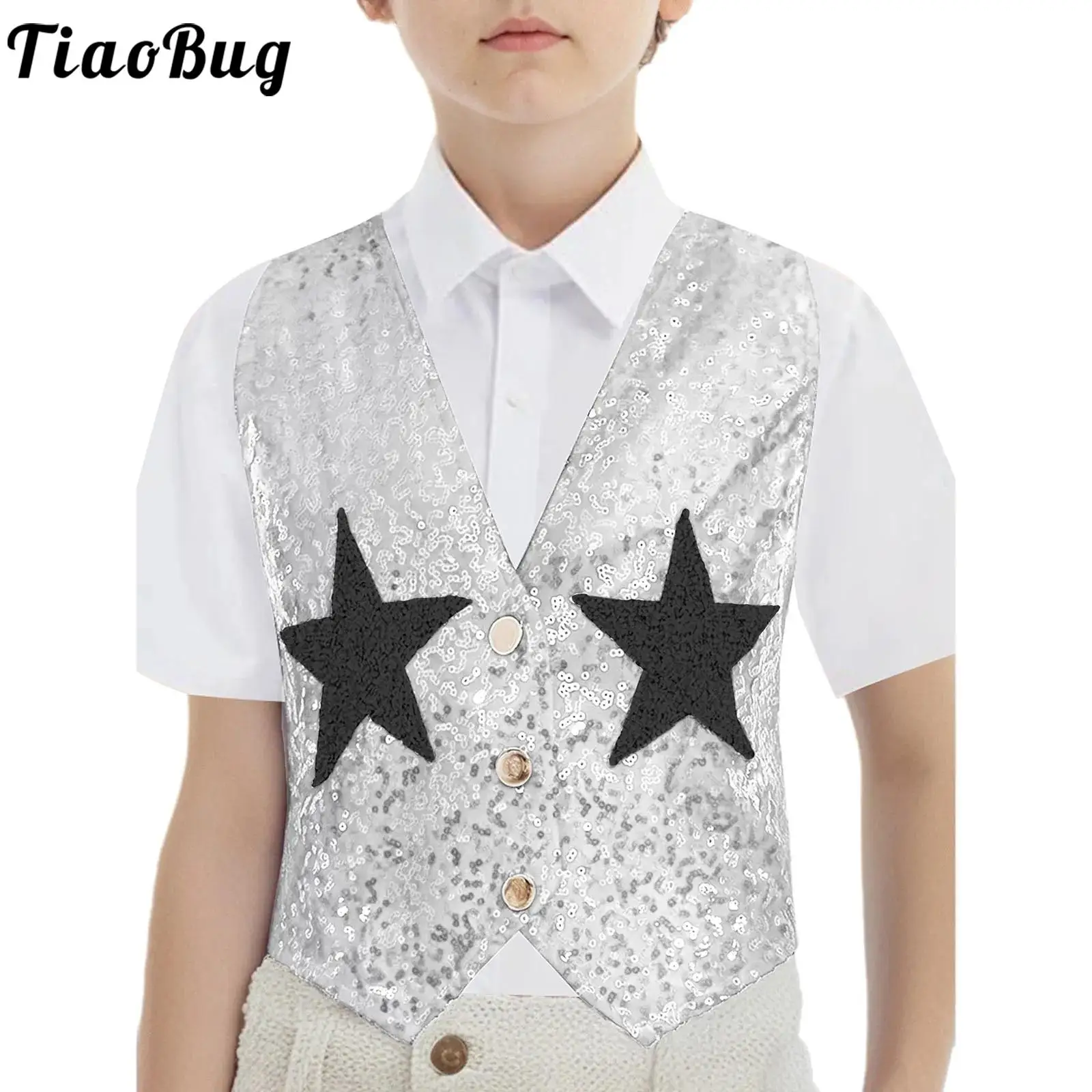 

Детский современный джазовый танцевальный жилет в стиле хип-хоп, топ для мальчиков и девочек, карнавальный костюм для хора, сценический костюм, блестящие блестки, жилет с v-образным вырезом и пуговицами