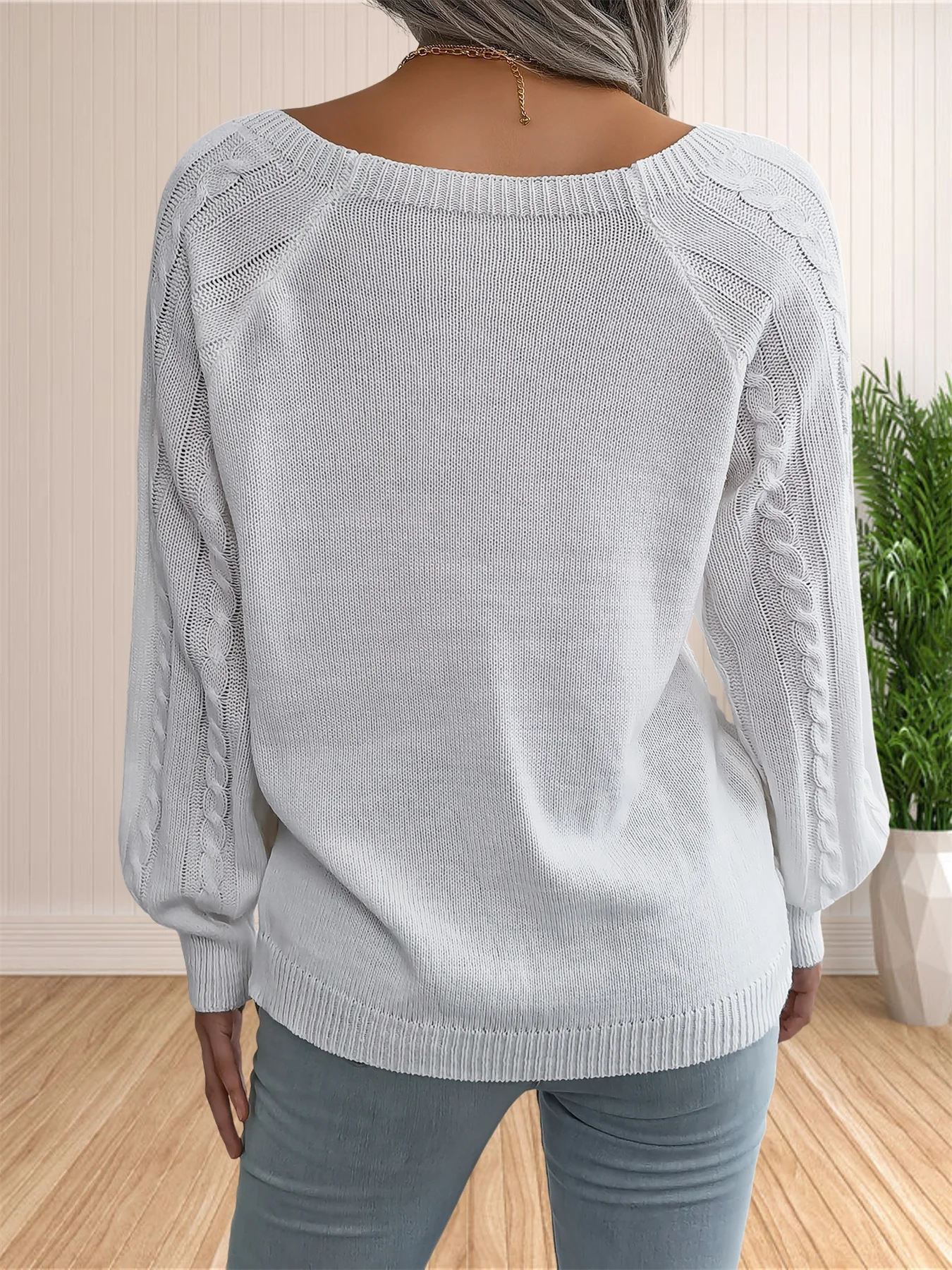 Women\'s Sweaters Casual Cable Knit Sweater Button Decor Long Sleeve Pullover Knitwear Crewneck Jumper Top