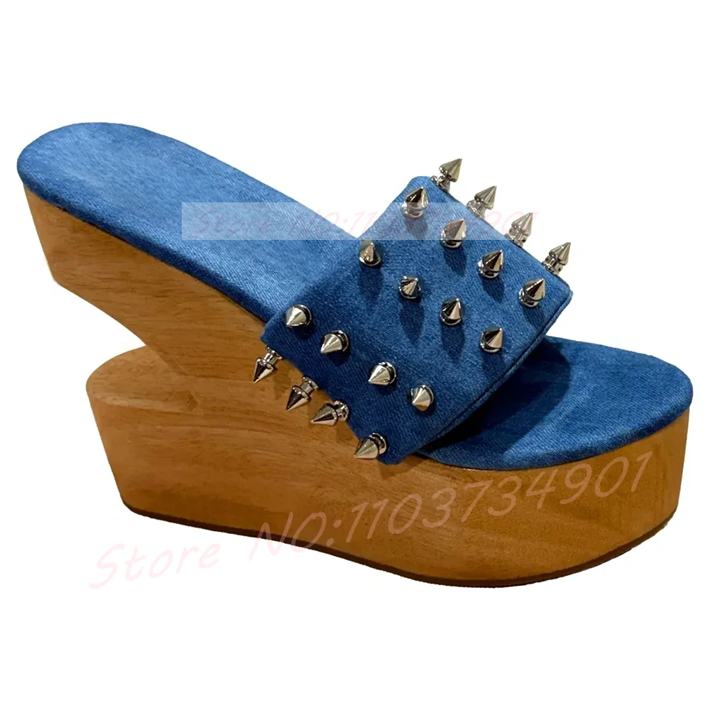 Denim Spike Cutout Wedge Sandals Women Wood Grain Platform Pink Leather Shoes Punk Gothic Casual High Heels Sandals