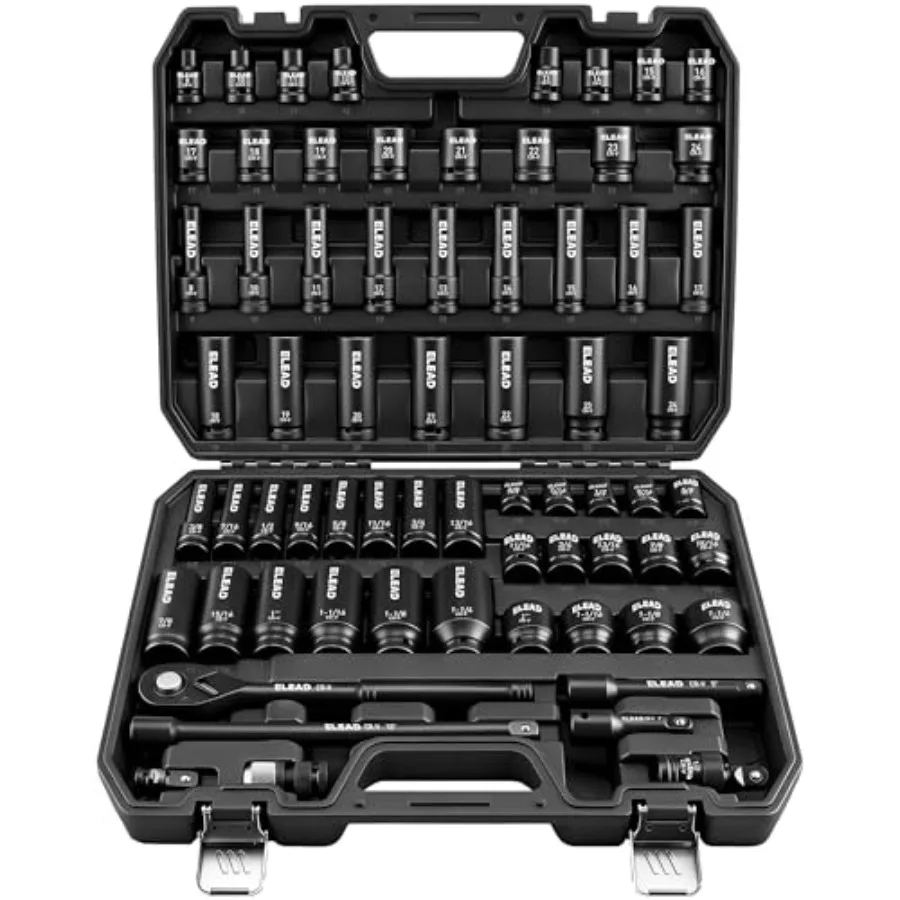

67 Piece 1/2" Drive Deep Impact Socket Set: Standard SAE 3/8"-1-1/4" and Metric (8-24 mm) Including 3 " 5" 10" Extension Bar Un