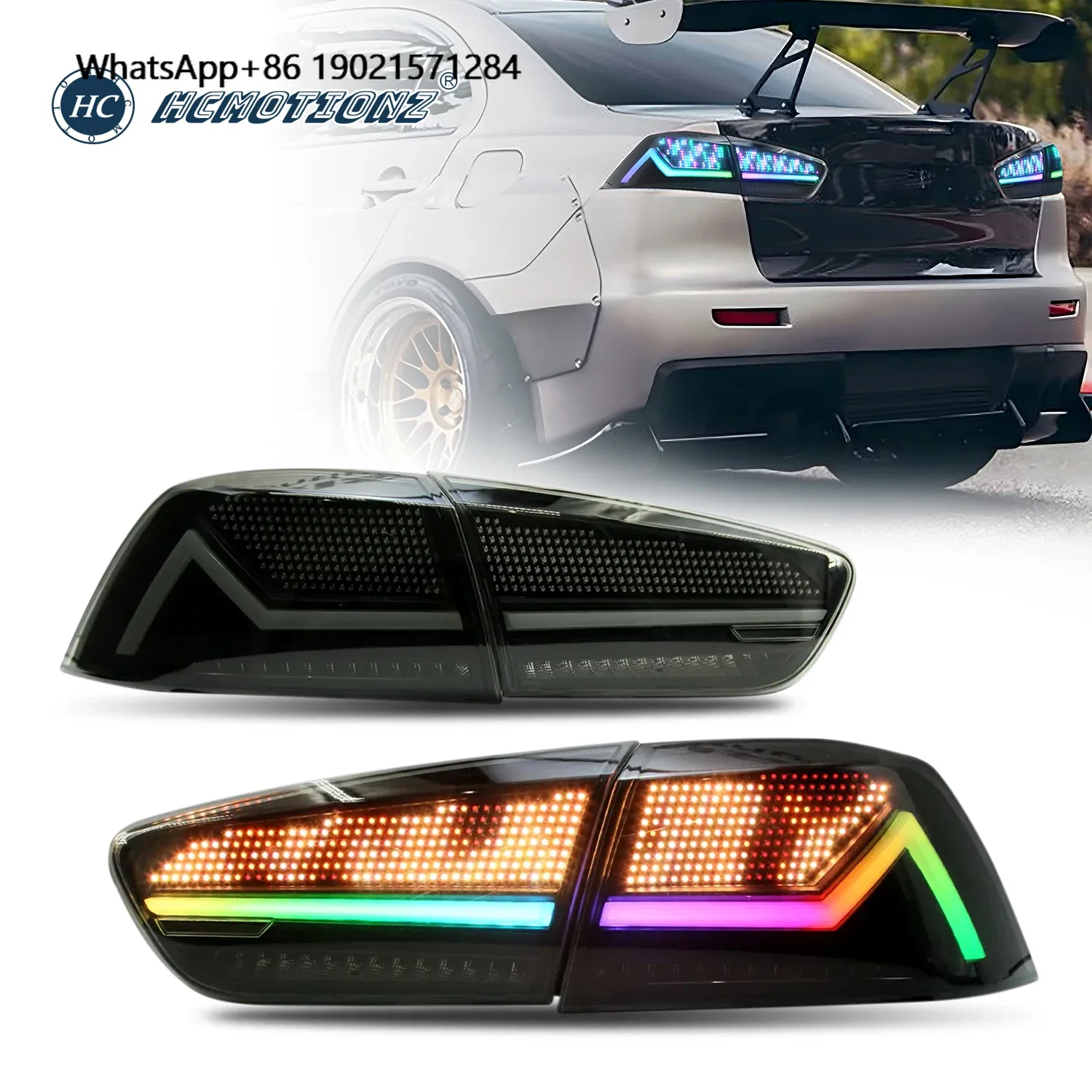 

HCMOTIONZ RGB LED Tail Lights for Lancer 2008-2017 OLED Custom Patterns Rear Lamps Assembly EVO X Smoked 4PCS