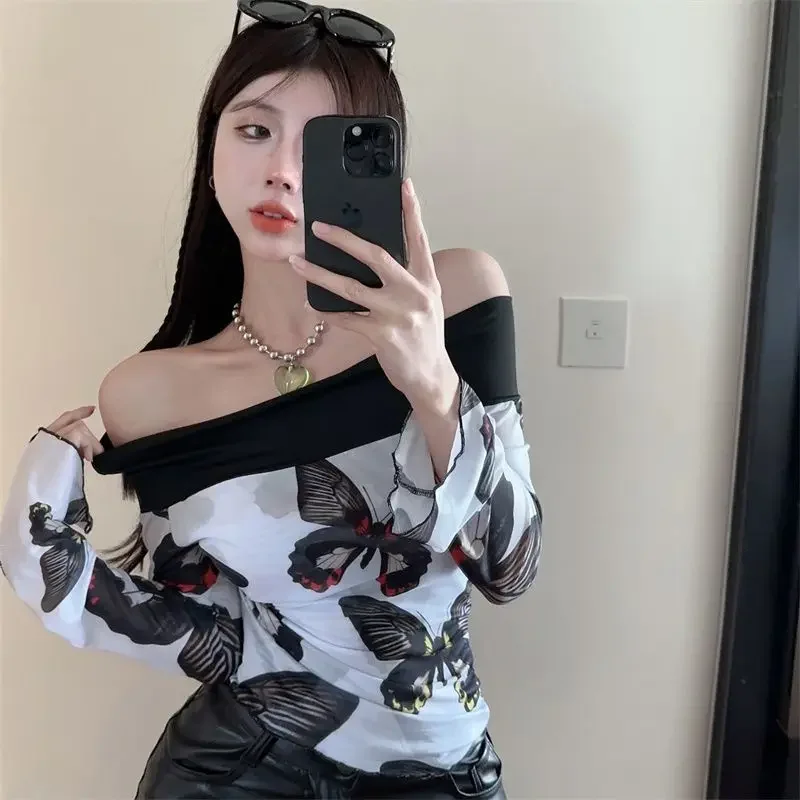 Pure Sexy Hot Girl Printed One-length Neck Off-shoulder Top for Women Design Niche Long-sleeved T-shirt