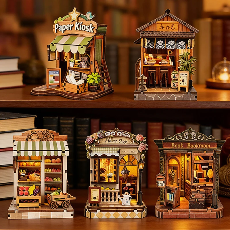 DIY Wooden Dollhouse Paper Kiosk Fruit Shop Assemble Cottage Model Miniature Furniture Kit Toy for Children Adult Gift Casa