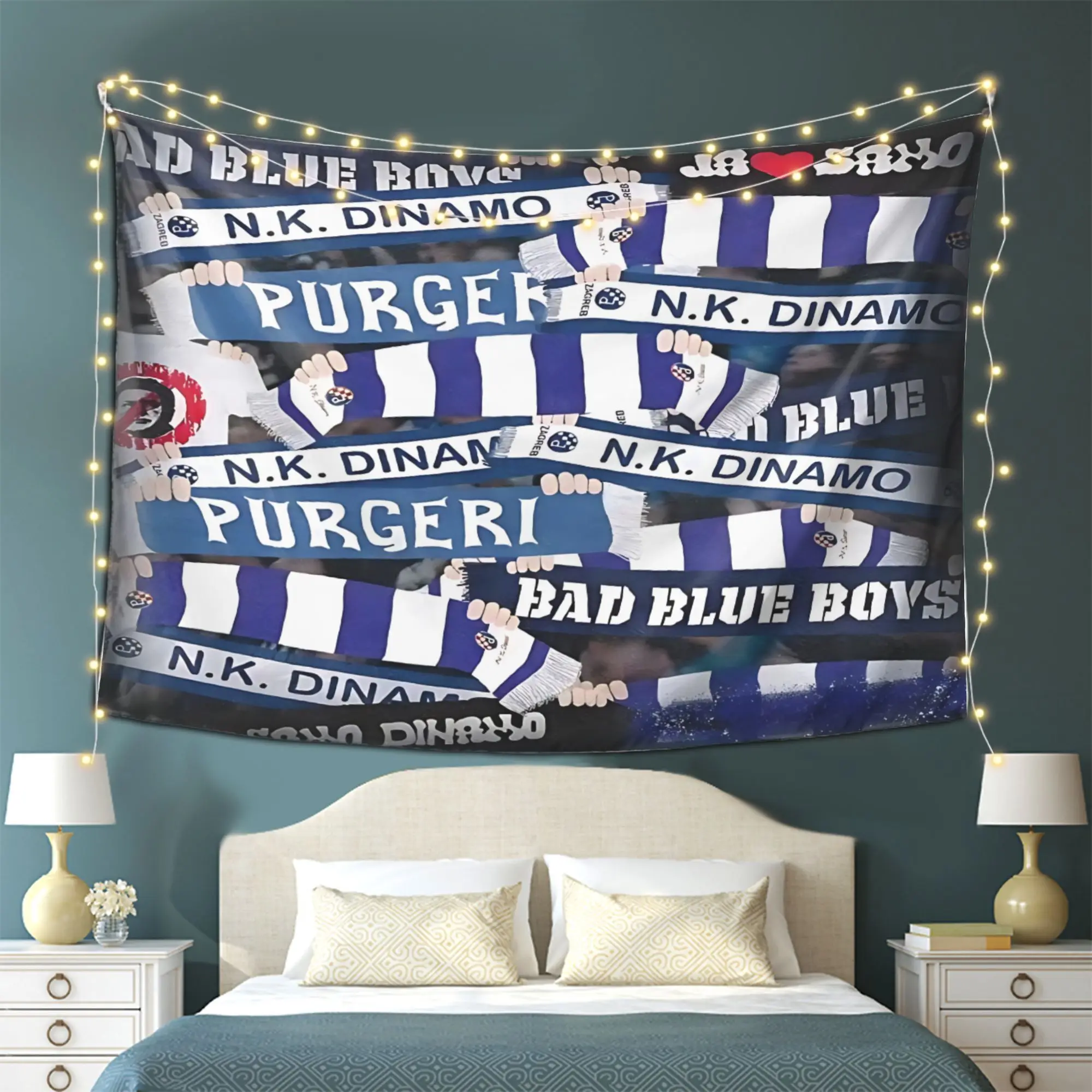 Purgeri NK Dinamo Tapestry, Blue White Scarf Pattern with Fan Chants Print Wall Hanging for Man Cave & Game Room Decor