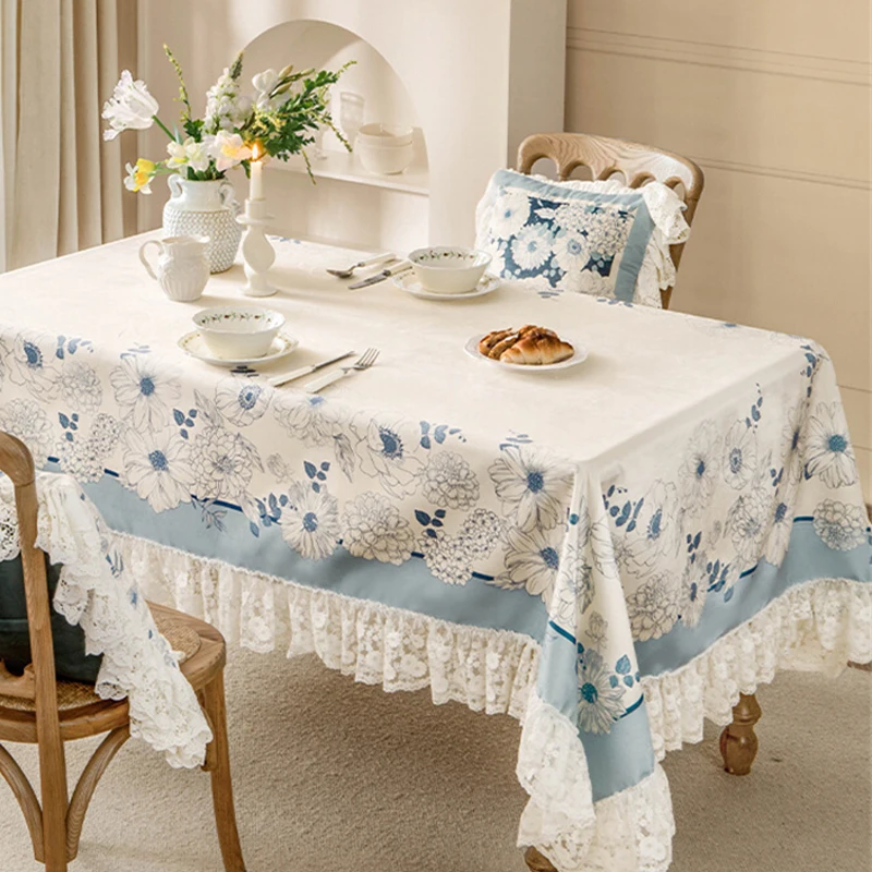 

Pastoral Lace Tablecloth French Outdoor Picnic Atmosphere Large Table Mat Blue Daisy Elegant Home Diningtable Decor Tablecloth