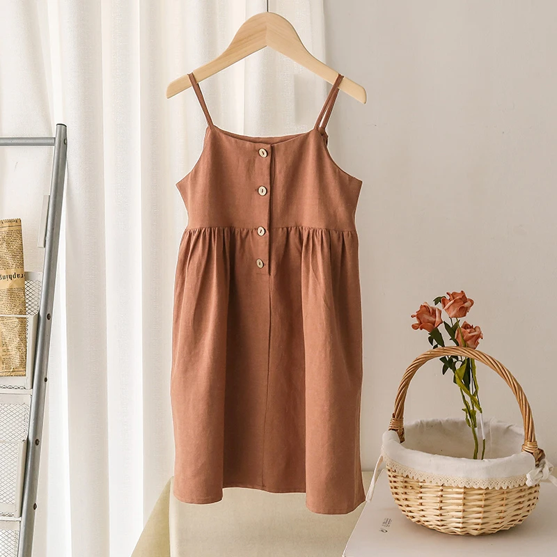 55% Linen 45% Viscose Girl\'s Fashion Summer Dress Casual Strapless Button Dress For Kids Girl TZ25