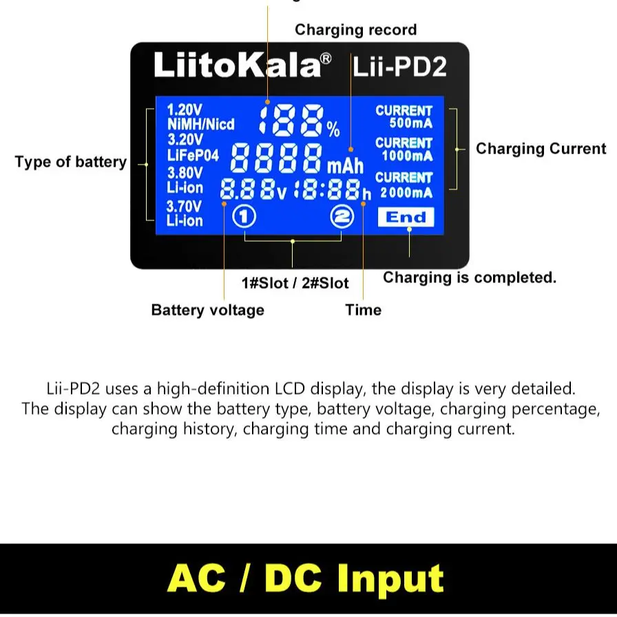 Liitokala Lii-202 Lii-PD2 18650 21700 AA AAA Battery Charger,18650 26650 10440 14500 16340 NiMH Smart Charger Capacity tester