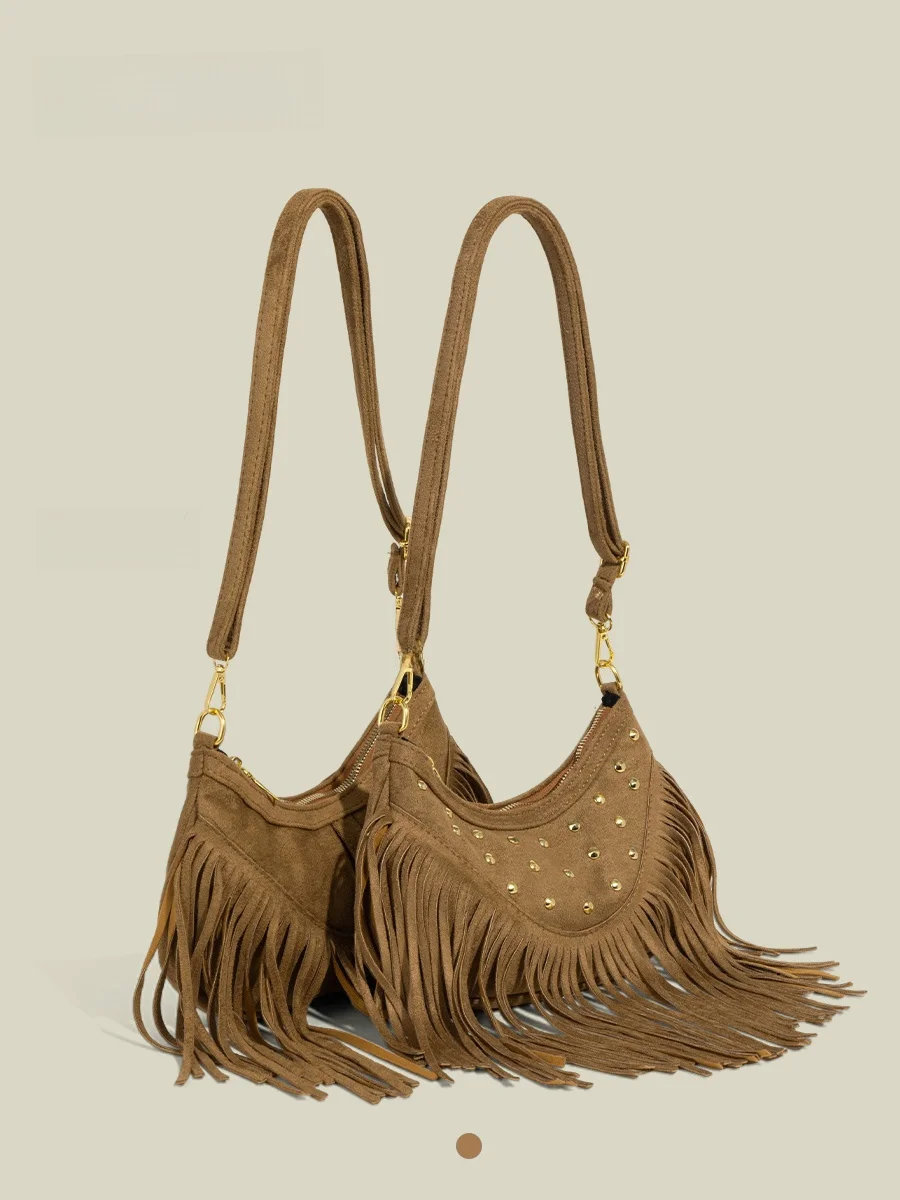 

Bohemian Western Saddle Bag Women's Crossbody Fringe Suede Leather New 2026 Spring Summer Fashion Retro American Style Tote Bag