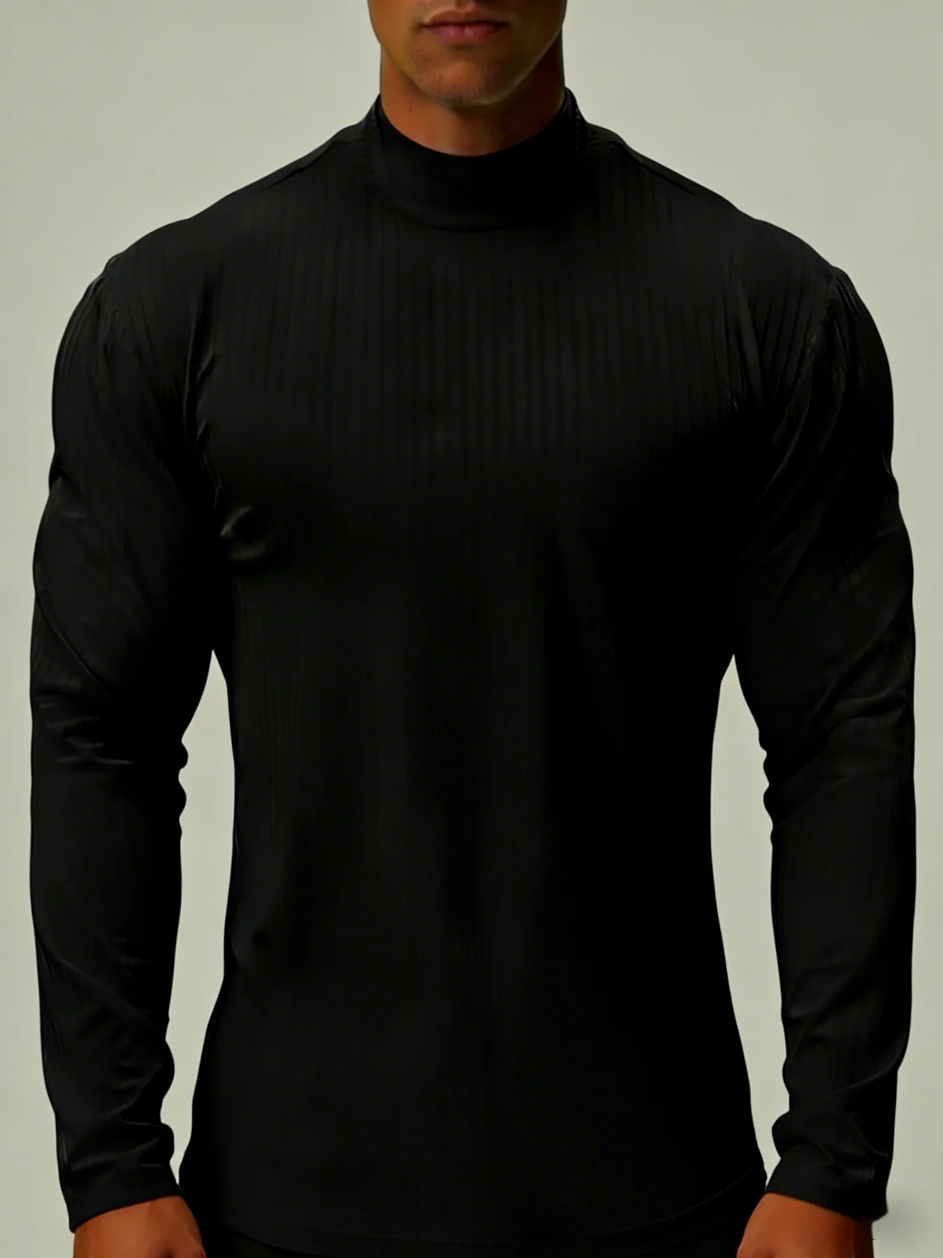 

Men's Spring and Autumn Long-Sleeve Turtleneck Knit T-Shirt, Solid Color with Striped Sleeves, Simple and Versatile, Basic Top for Everyday Wear, Street Style, and Vacation
