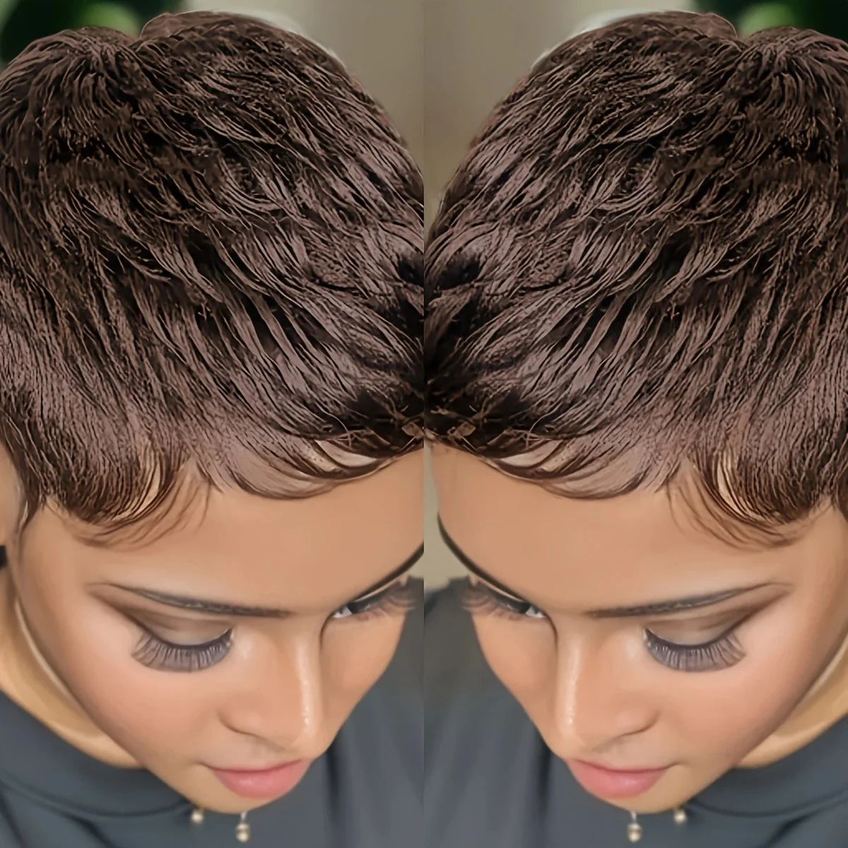 인모 가발 짧은 픽시 컷 가발 인모 자연 색상 갈색 99J 앞머리 가발