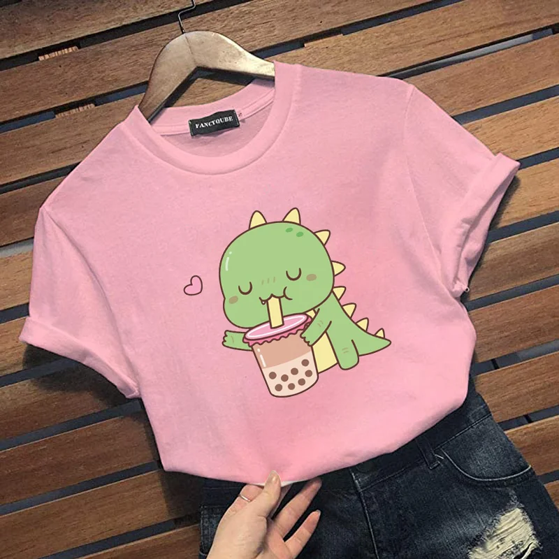 Cute Cartoon Dinosaur Drinking Pearl Milk Tea T-Shirt Women's Outdoor Casual Cute Little Dinosaur T-Shirt Shirt