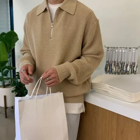 Polo Men's Knit Sweater Casual Woven Top Loose Fit Jumpers Korean Fashion Knitwear Streetwear Cheap Pullovers Male with Zipper