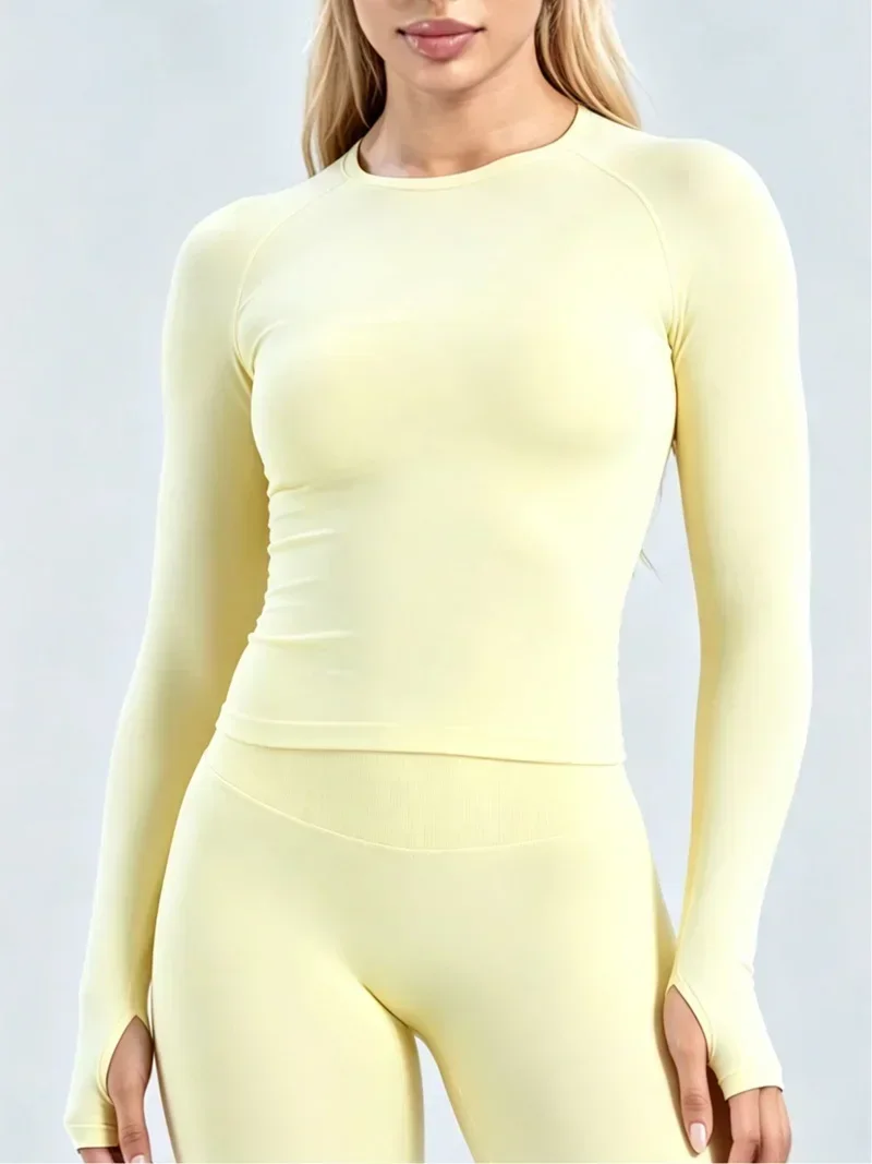 Damen Gym Top Nahtloses Defy Langarm-Oberteil Rundhals Yoga Workout Kleidung Slim Fit Laufbluse Sport Fitness Shirt – Detail 18