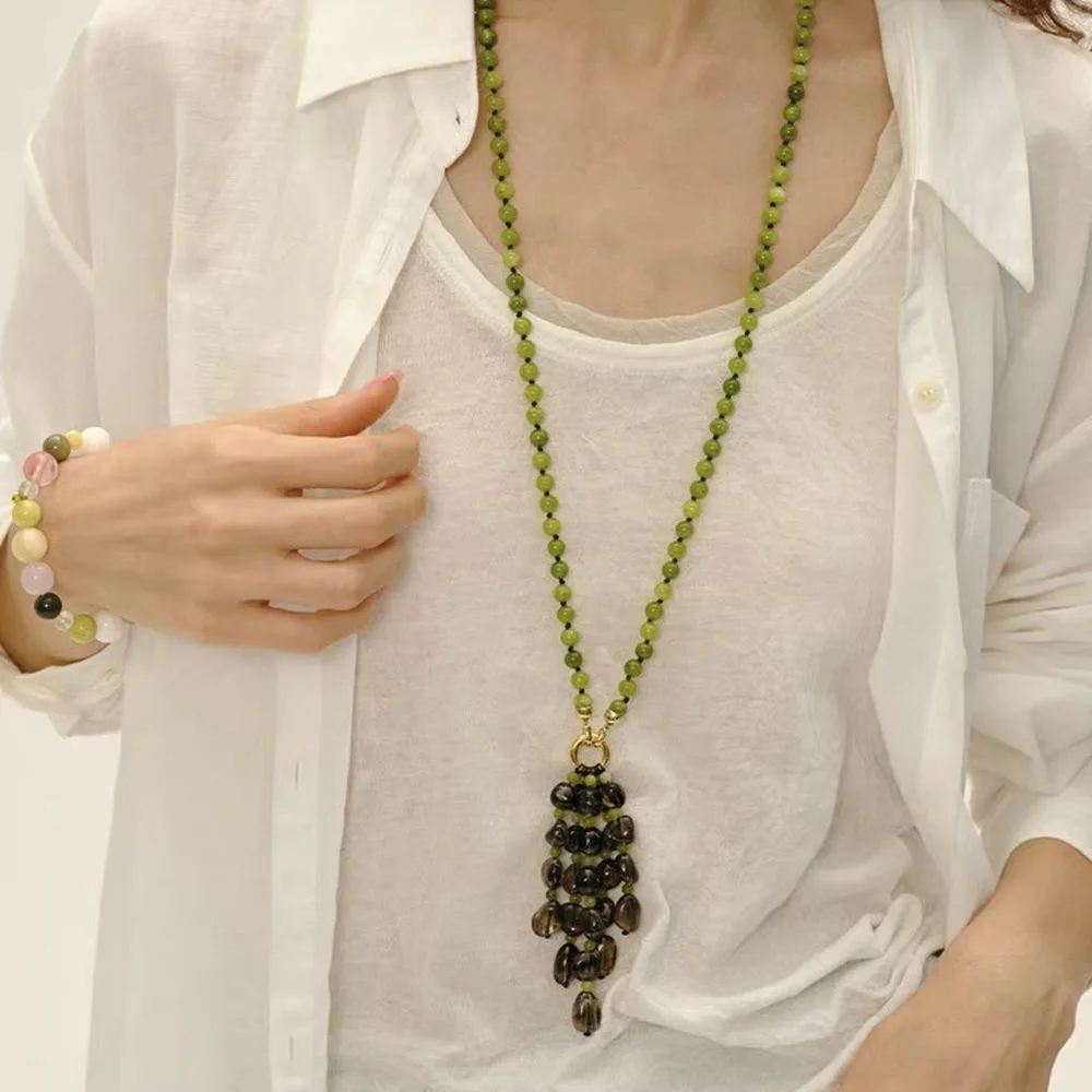 Quartz Smoky Crystal Sweater Necklace for women Green Grape Tassel Necklace Blackberry Fruit funny jewelry summer accessory