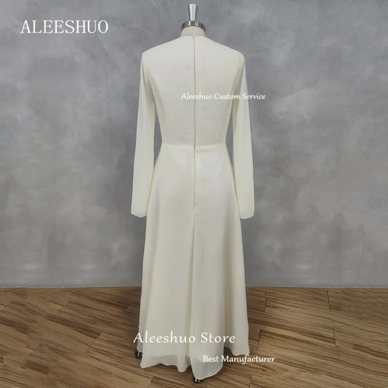 Aleeshuo ง่ายซาอุดีอาระเบียสีทึบแขนยาว Vestidos De Noche A-Line จีบชีฟอง O-คอข้อเท้า-ความยาวที่กําหนดเอง