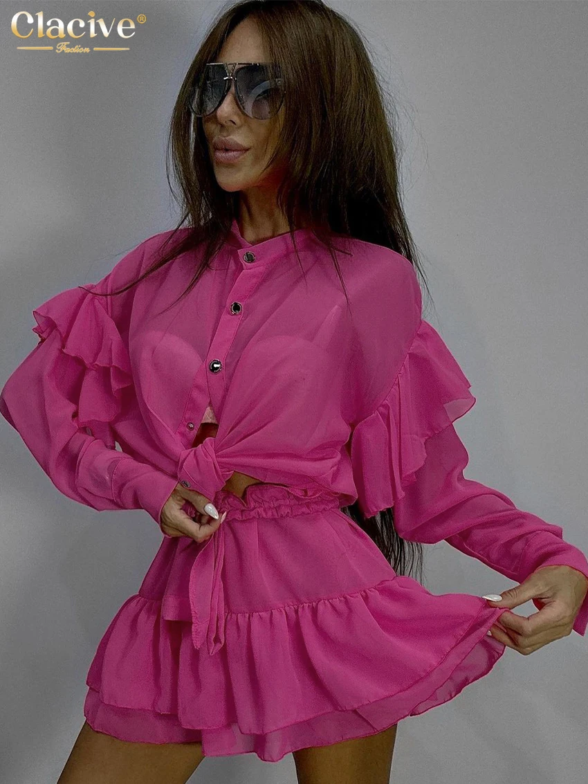 Clacive Sexy Loose Pink Skirt Set For Women 2 Piece Fashion Long Sleeve Shirt With High Waist Pleated Mini Skirts Set Streetwear