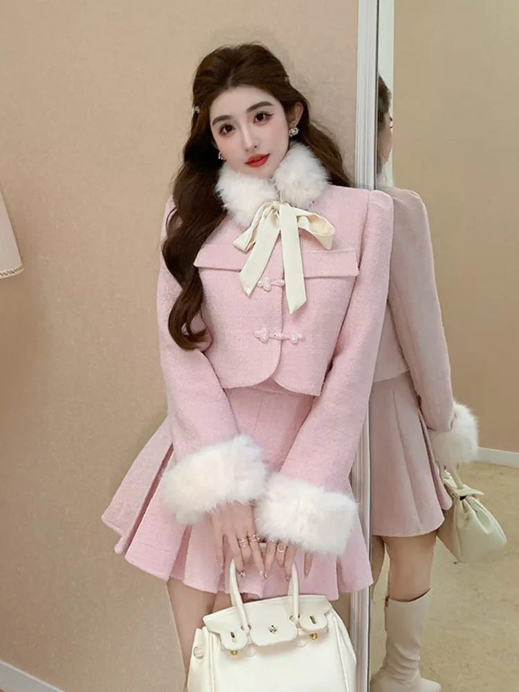 High Quality Thick Warm Winter Outfits For Women Two Piece Set Sweet Fashion Faux Collar Jacket Coat + Short Skirt 2 Piece Suits