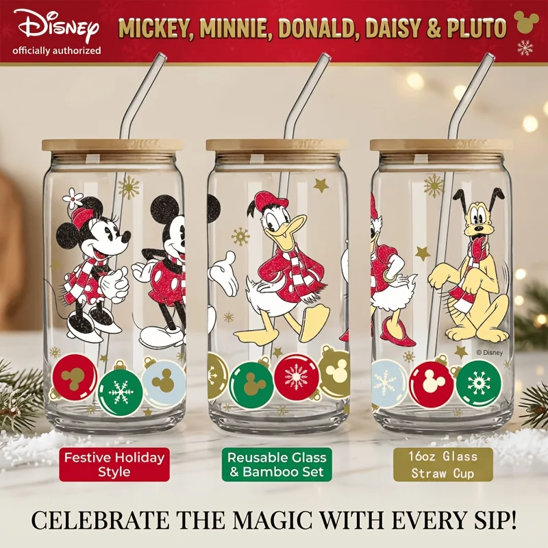 1pc 16oz Disney Mickey Mouse Donald Duck Goofy Christmas Glass Tumbler with Lid & Straw Reusable Cup for Coffee Juice Boba Tea
