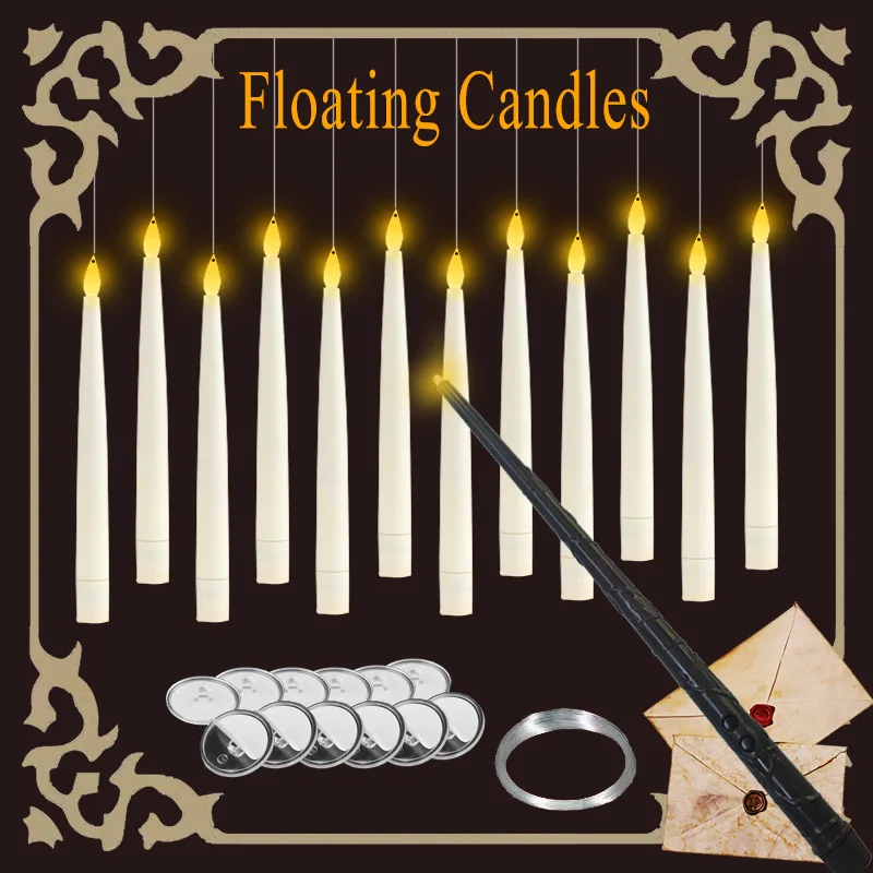 Realistic Flickering Flameless Magic Floating LED Candles with Wand Control Wireless Remote for Halloween Christmas Decor Party