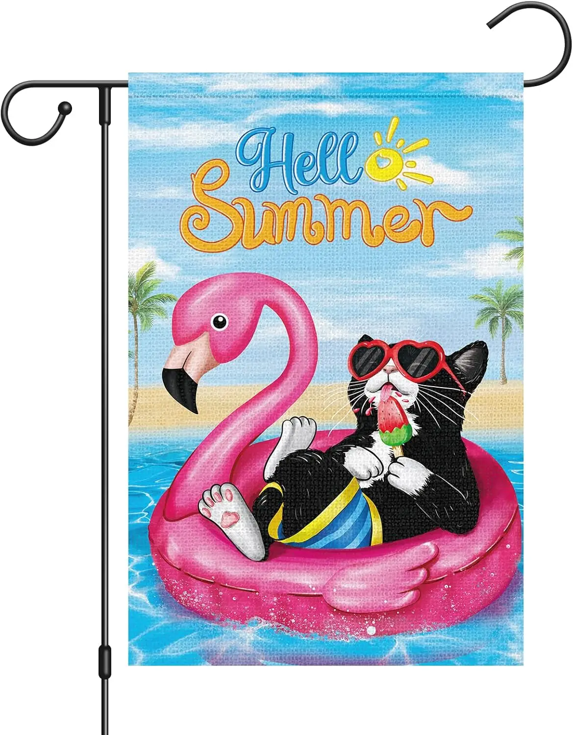 Bandera de jardín de doble cara de arpillera pequeña de 12x18 con diseño de gato negro 'Hello Summer' de Louise Maelys, para playa, piscina, patio, océano tropical, exterior PPZ