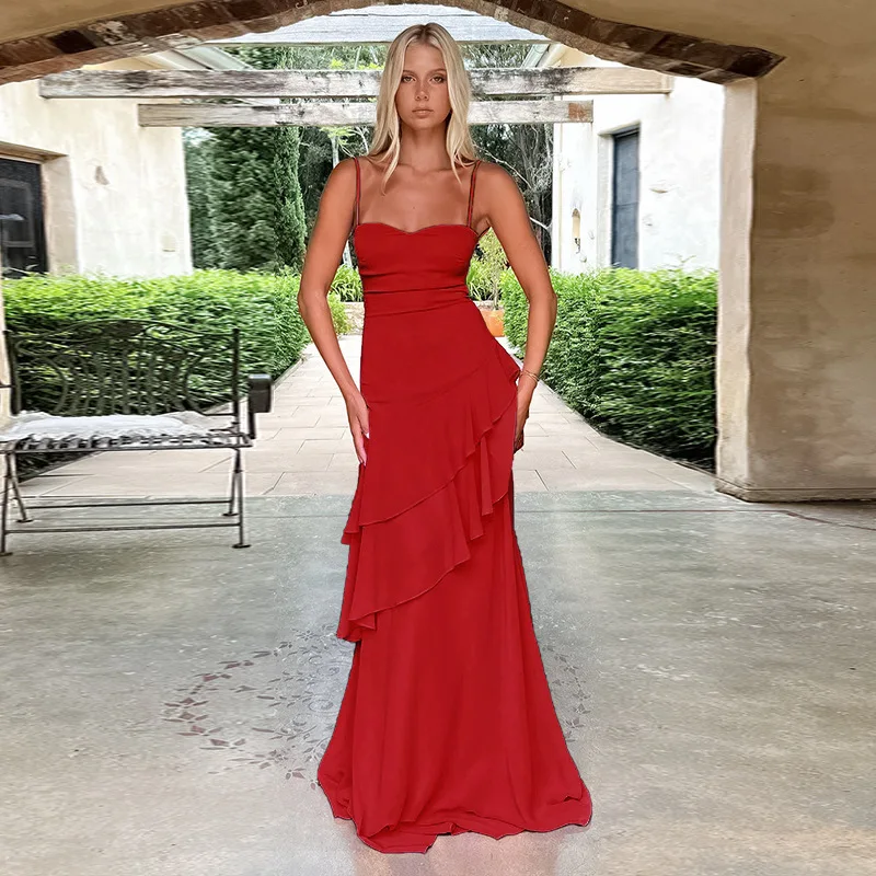 Cryptographic Elegant Ruffled Detail Slip Maxi Dress Vacation Outfits Sexy Backless Banadage Red Dresses Summer Sun Dresses New