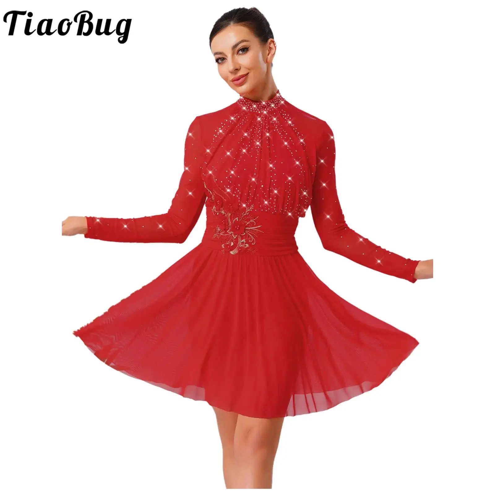 

Women Figure Skating Lyrical Dance Performance Costume Rhinestones Gymnastics Leotard Long Sleeve Ruched Dress Ballet Dancewear