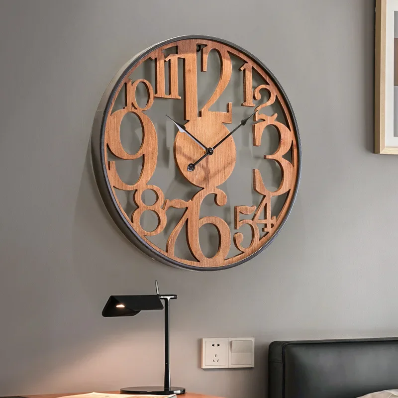 Log wind clock TV background wall wall clock living room creative high sense simple home decoration clock