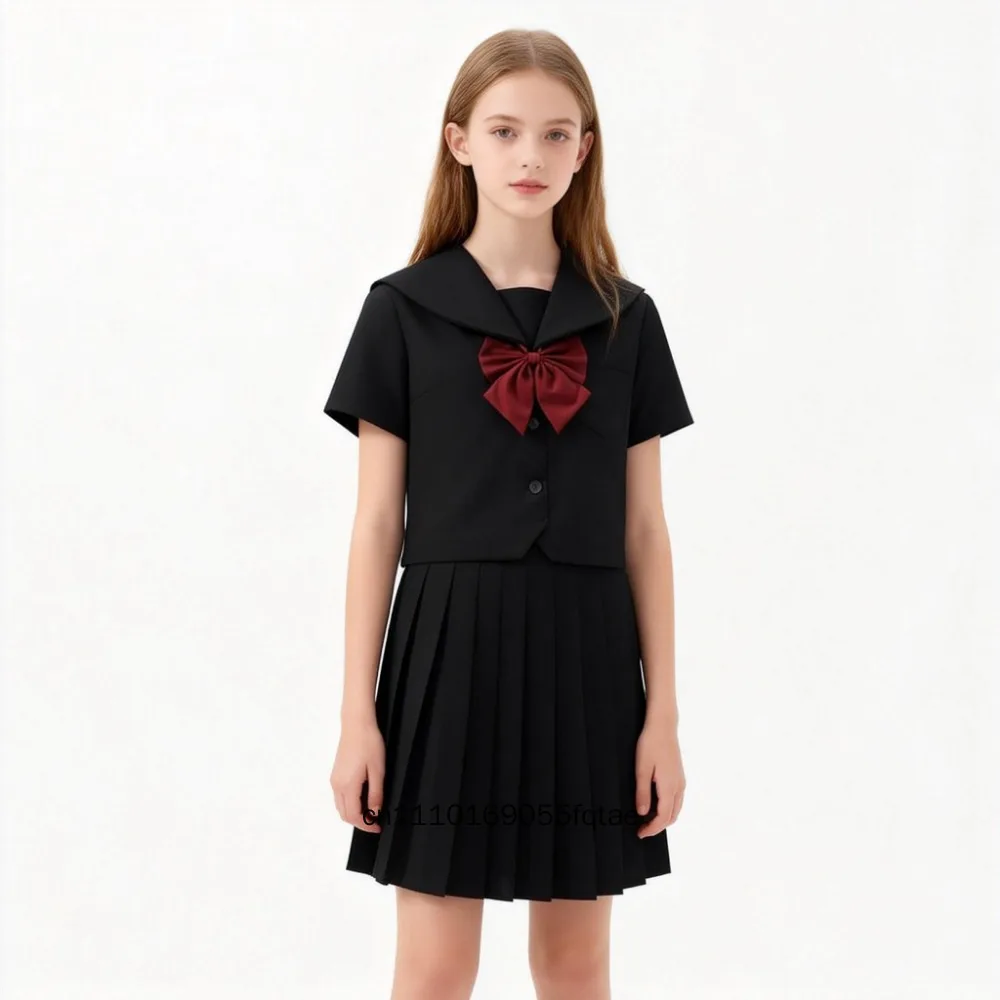 Japanese JK Sailor Uniform Schoolgirl Outfit Long Sleeve 3 Piece Set Red Bow Tie Pleated Skirt Classic Basic Style Anime Cosplay