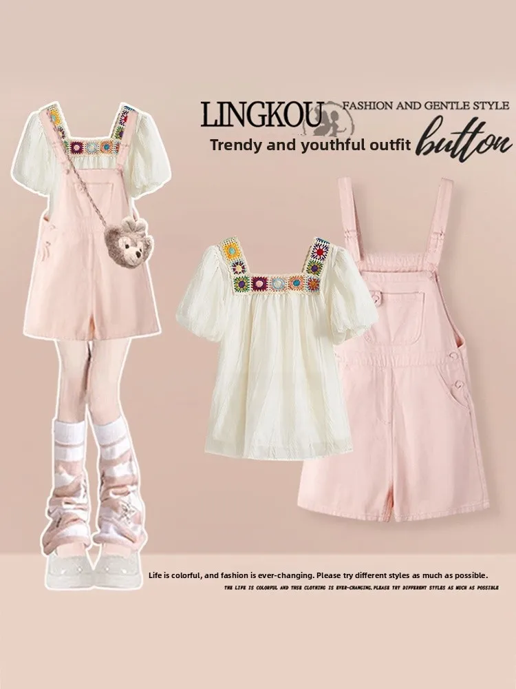 

Elegant Embroidered Denim Overalls Women's Summer Fashion Set Short Sleeve T-Shirt Slimming High Waist Shorts Two-Piece Suit