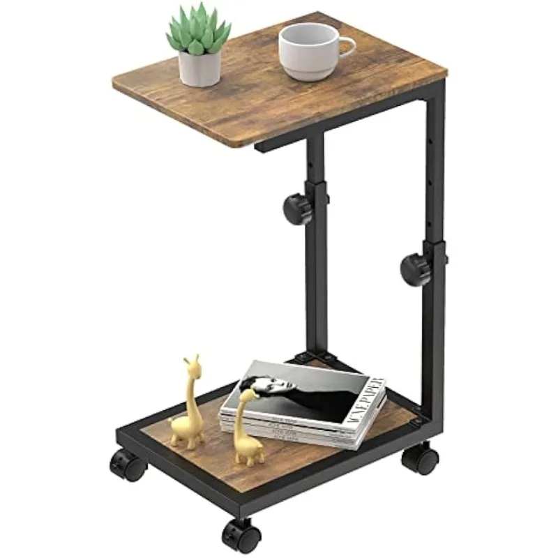 

C Shaped End Table with Rolling Wheels, Height Adjustable Sofa Side Table for Small Space Bedroom, Industrial TV Tray Couch