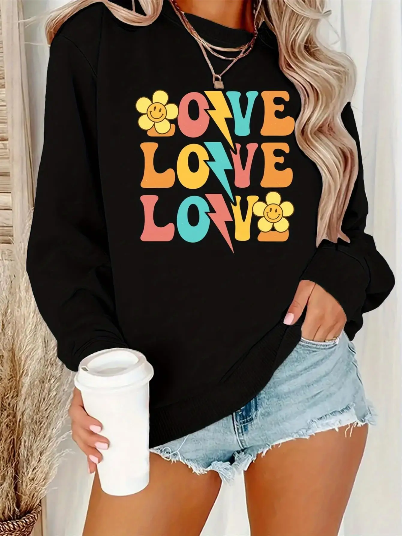 Women's Retro 60S/70S Inspired Multicolor Love Letter & Floral Print Sweatshirt - Soft Long Sleeve Crewneck Pullover, Cozy Durab