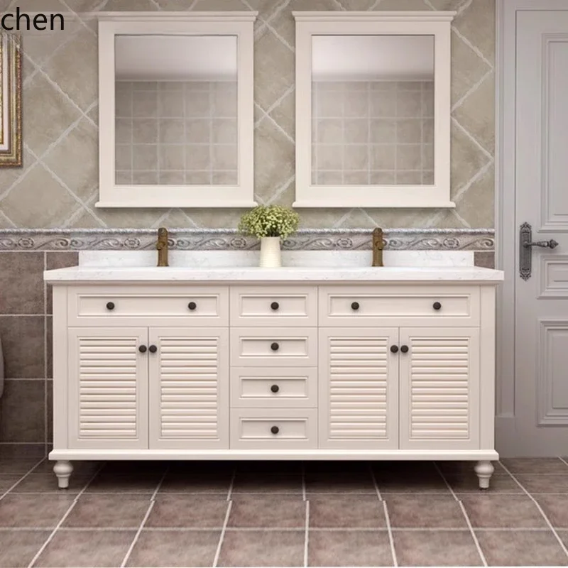 double basin solid wood bathroom cabinet combination floor-to-ceiling light luxury louver door bathroom washbasin cabinet